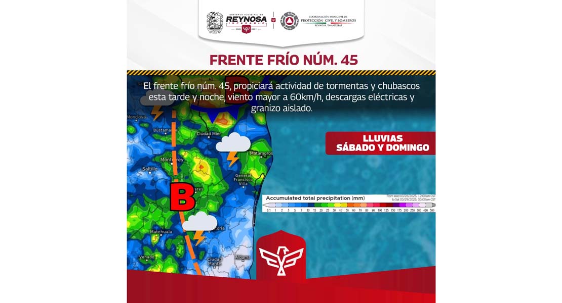 Traerá Frente Frío No. 45 lluvias a Reynosa: PCyB