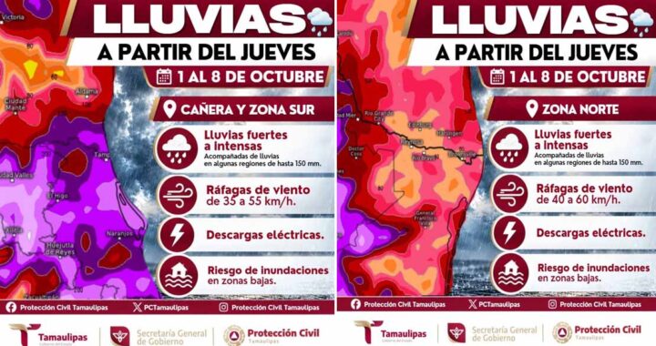 Protección Civil Tamaulipas mantiene vigilancia ante periodo de lluvias y el ingreso del primer frente frío de la temporada